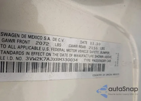 2011 Volkswagen Jetta Sedan S z USA, uszkodzony, nr VIN 3VW2K7AJXBM330034